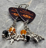 Happy Halloween Jack o' Lantern Guitar Pick Earrings with Bat Charms and Swarovski Crystal Dangles