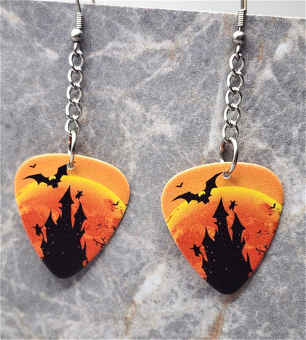 Haunted Castle with Bats and Ghosts Dangling Guitar Pick Earrings
