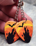 Haunted Castle with Bats and Ghosts Dangling Guitar Pick Earrings