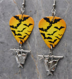 Bats on Orange Guitar Pick Earrings with Stainless Steel Bat Charm Dangles