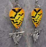 Bats on Orange Guitar Pick Earrings with Stainless Steel Bat Charm Dangles