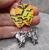 Bats on Orange Guitar Pick Earrings with Stainless Steel Bat Charm Dangles