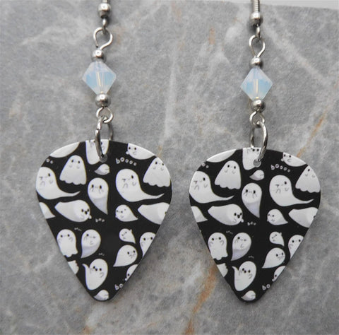 Ghosts That Say Boo Guitar Pick Earrings with Opal Swarovski Crystals