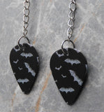 Dangling Black Guitar Pick Earrings Printed with Gray Bats