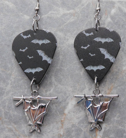 Bat on Black Guitar Pick Earrings with Stainless Steel Bat Charm Dangles