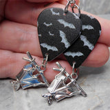 Bat on Black Guitar Pick Earrings with Stainless Steel Bat Charm Dangles