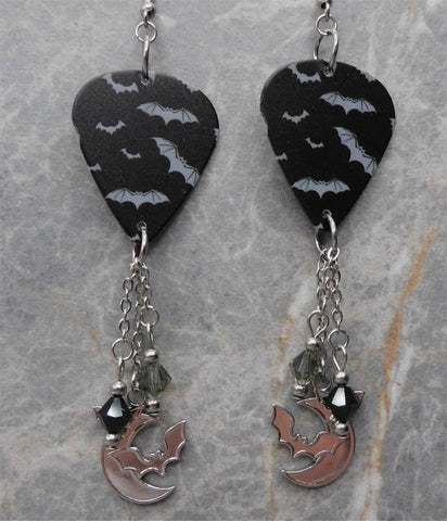 Bats on Black Guitar Pick Earrings with Stainless Steel Charms and Swarovski Crystal Dangles