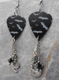 Bats on Black Guitar Pick Earrings with Stainless Steel Charms and Swarovski Crystal Dangles