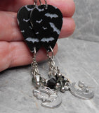 Bats on Black Guitar Pick Earrings with Stainless Steel Charms and Swarovski Crystal Dangles