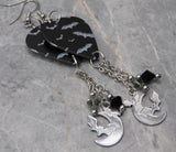 Bats on Black Guitar Pick Earrings with Stainless Steel Charms and Swarovski Crystal Dangles