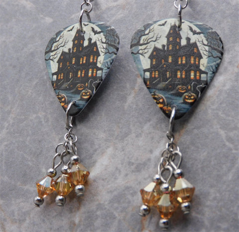 Haunted House Guitar Pick Earrings with Metallic Sunshine Swarovski Crystal Dangles