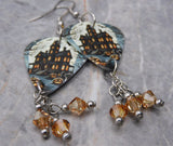 Haunted House Guitar Pick Earrings with Metallic Sunshine Swarovski Crystal Dangles