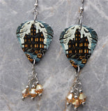 Haunted House Guitar Pick Earrings with Metallic Sunshine Swarovski Crystal Dangles