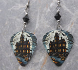 Haunted House Guitar Pick Earrings with Black Swarovski Crystals