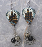 Haunted House Guitar Pick Earrings with Stainless Steel Charms and Pave Bead Dangles