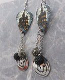 Haunted House Guitar Pick Earrings with Stainless Steel Charms and Pave Bead Dangles