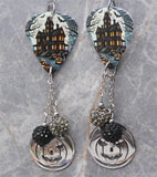 Haunted House Guitar Pick Earrings with Stainless Steel Charms and Pave Bead Dangles