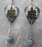 Haunted House Guitar Pick Earrings with Gray ABx2 Pave Bead Dangles