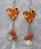 Autumnal Scene Guitar Pick Earrings with Stainless Steel Pumpkin Charm and Pave Bead Dangles