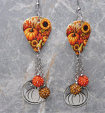 Autumnal Scene Guitar Pick Earrings with Stainless Steel Pumpkin Charm and Pave Bead Dangles