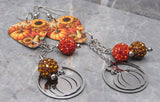 Autumnal Scene Guitar Pick Earrings with Stainless Steel Pumpkin Charm and Pave Bead Dangles