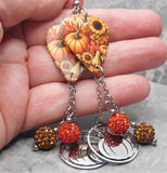 Autumnal Scene Guitar Pick Earrings with Stainless Steel Pumpkin Charm and Pave Bead Dangles