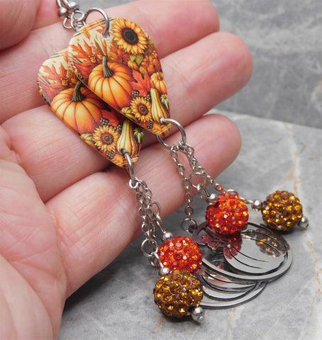 Autumnal Scene Guitar Pick Earrings with Stainless Steel Pumpkin Charm and Pave Bead Dangles