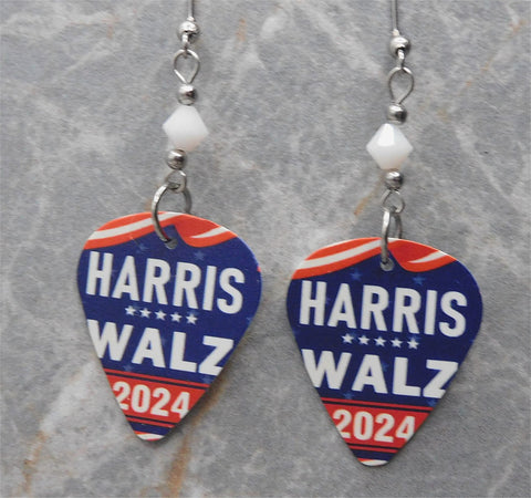 Harris and Walz 2024 Guitar Pick Earrings with White Swarovski Crystals