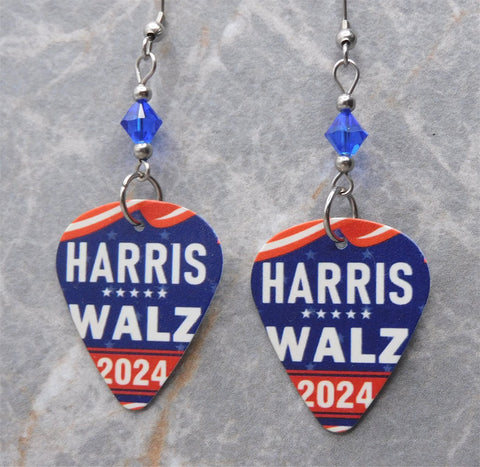 Harris and Walz 2024 Guitar Pick Earrings with Blue Swarovski Crystals