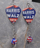 Harris Walz 2024 Guitar Pick Earrings with American Flag Pave Bead Dangles