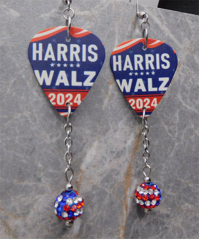 Harris Walz 2024 Guitar Pick Earrings with American Flag Pave Bead Dangles