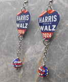 Harris Walz 2024 Guitar Pick Earrings with American Flag Pave Bead Dangles