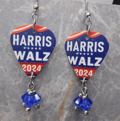 Harris and Walz 2024 Guitar Pick Earrings with Blue Swarovski Crystal Dangles