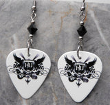 Hollywood Undead Logo on White Guitar Pick Earrings with Black Swarovski Crystals