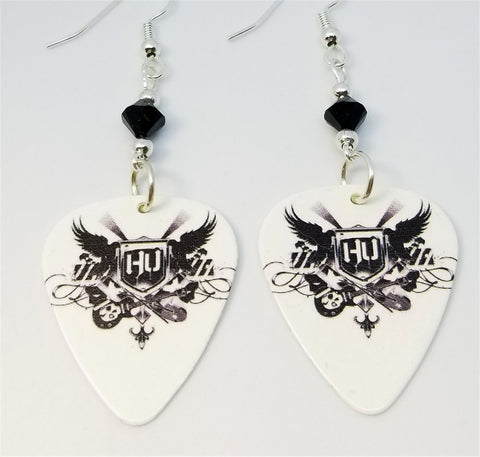 Hollywood Undead Logo on White Guitar Pick Earrings with Black Swarovski Crystals