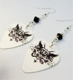 Hollywood Undead Logo on White Guitar Pick Earrings with Black Swarovski Crystals