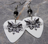 Hollywood Undead Logo on White Guitar Pick Earrings with Black Swarovski Crystals