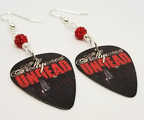 Hollywood Undead Guitar Pick Earrings with Red Pave Beads