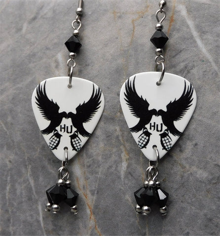 Hollywood Undead on White Guitar Pick Earrings with Black Swarovski Crystal Dangles