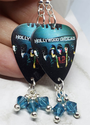 Hollywood Undead Swan Songs Guitar Pick Earrings with Indicolite Swarovski Crystal Dangles