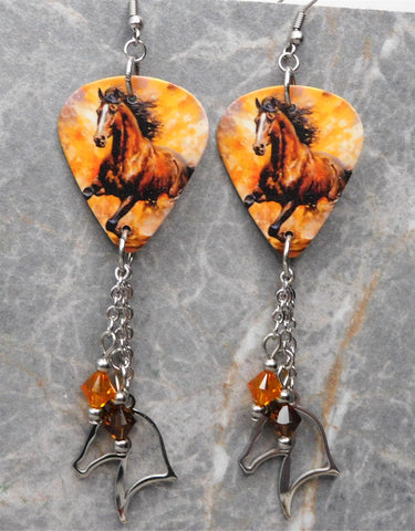Running Horse Guitar Pick Earrings with Stainless Steel Horse Head Charm and Swarovski Crystal Dangles