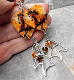Running Horse Guitar Pick Earrings with Stainless Steel Horse Head Charm and Swarovski Crystal Dangles
