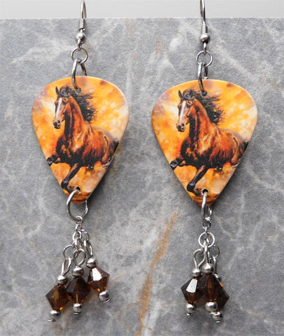Running Horse Guitar Pick Earrings with Brown Swarovski Crystal Dangles