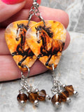 Running Horse Guitar Pick Earrings with Brown Swarovski Crystal Dangles