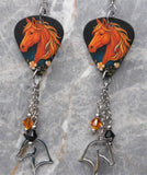 Horse Head Guitar Pick Earrings with Stainless Steel Horse Head Charm and Swarovski Crystal Dangles