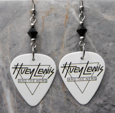 Huey Lewis and the News Guitar Pick Earrings with Black Swarovski Crystals