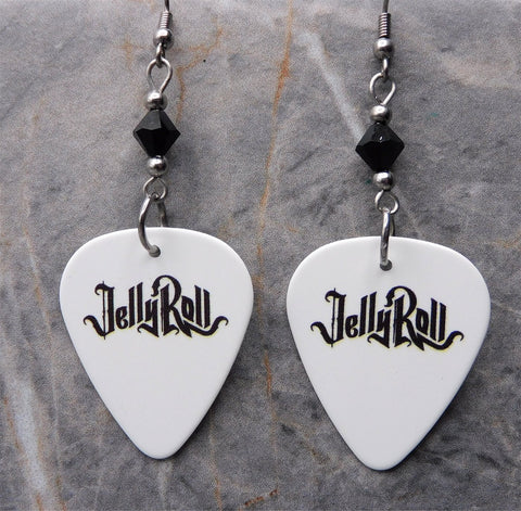 Jelly Roll White Guitar Pick Earrings with Black Swarovski Crystals