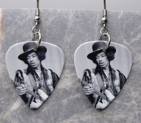 Black and White Jimi Hendrix in a Hat Guitar Pick Earrings