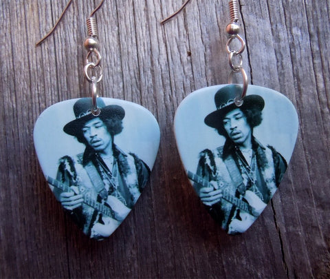 Black and White Jimi Hendrix in a Hat Guitar Pick Earrings
