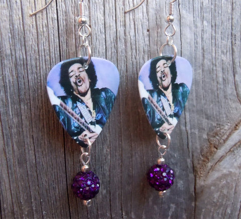 Jimi Hendrix Guitar Pick Earrings with Purple Pave Bead Dangles